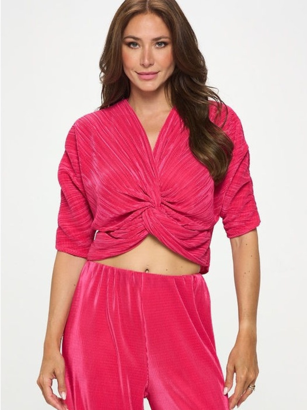 Plisse Mid Scrunched Sleeve Top with Front Twist